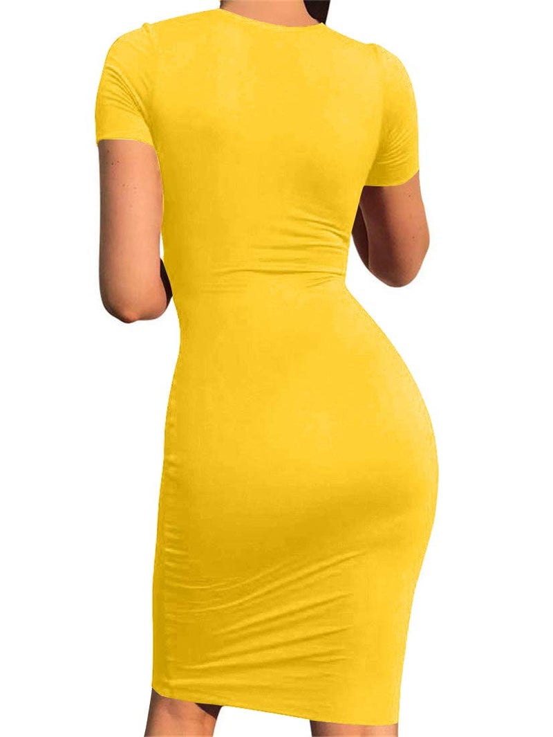 Mokoru Women's Casual Basic Pencil Dress Sexy Long Sleeve Bodycon Midi Club Dress, Large, Short Sleeve Yellow - Image 3